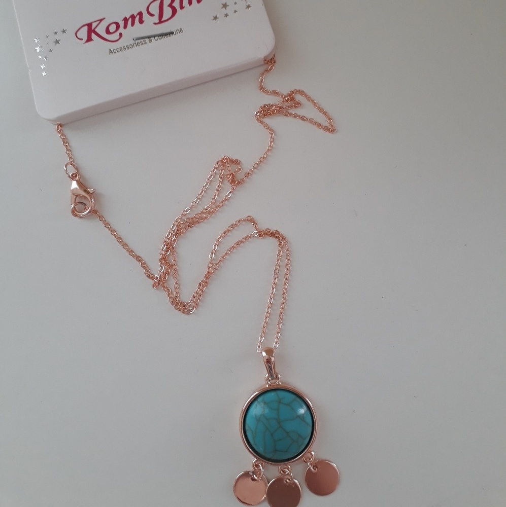 Rose Gold Turquoise Mid Length Charm Necklace - Picture 5 of 7